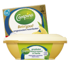 Campina botergoud roomboter
gezouten of ongezouten
of grasboter ongezouten
kuipje/wikkel à 225/250 gram